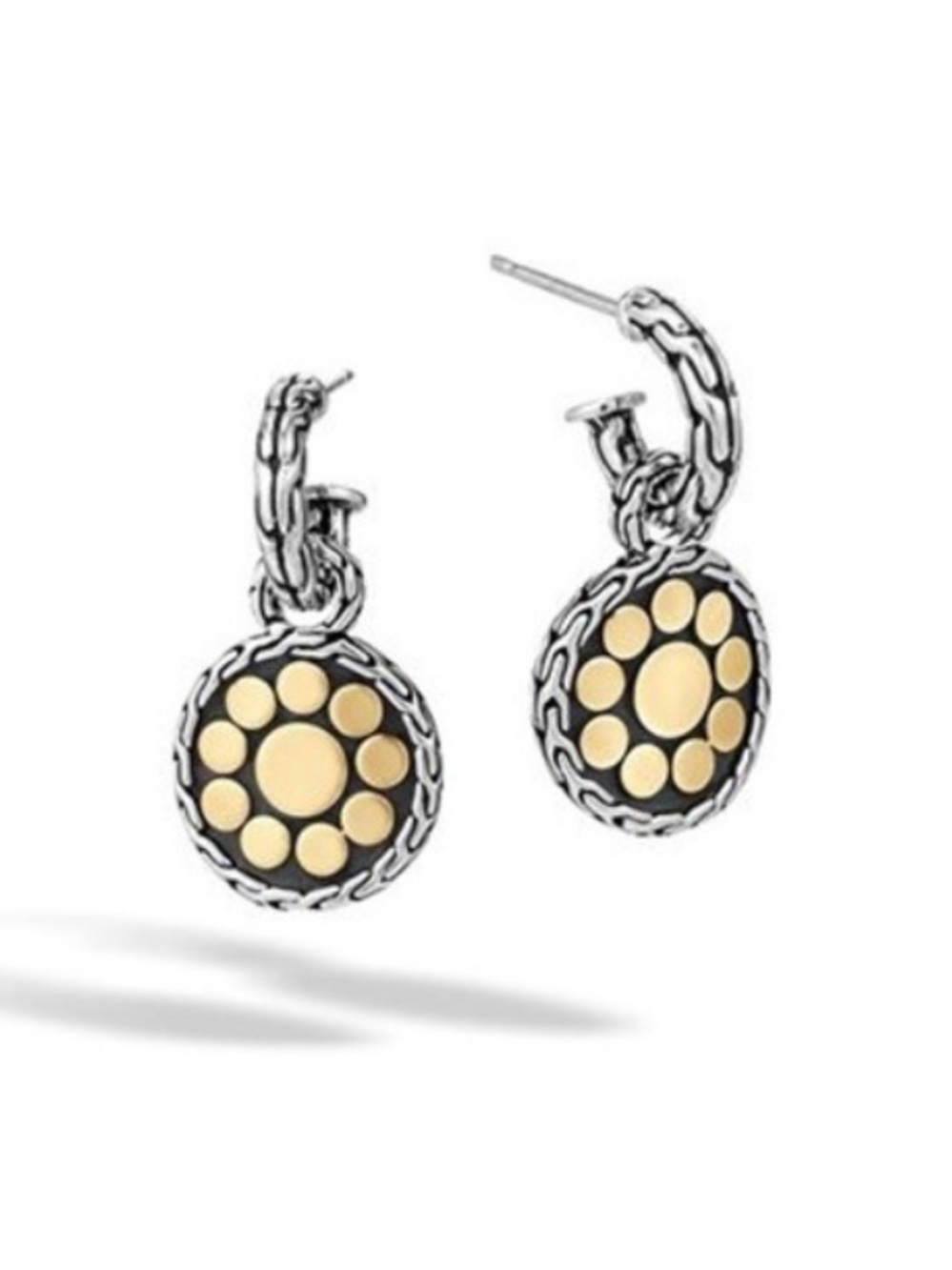 John Hardy Dot Silver & 18K Yellow Gold Small Round Hoop Drop Earrings - Picture 2 of 7